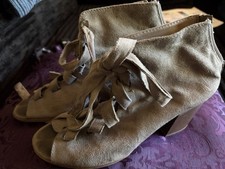 Women  s Beige Suede Solid Strappy Open Toe Block Heel Zip Sandals