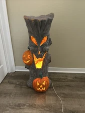35" Blow Mold Spooky Halloween Tree Light  Pumpkin Jack O Lantern Foam Dead Tree
