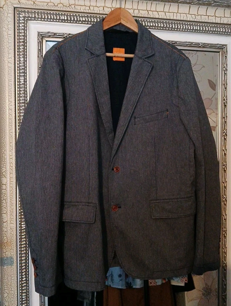 HUGO BOSS Orange Men's Designer Grey/Blue Cotton Lined Collared Blazer Ch 44"