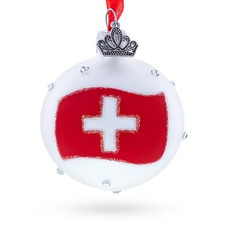 Swiss Flag Crystal Accents on Glass Ball Christmas Ornament