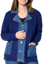 Antthony Women's Mixed Media Denim Trim Sweater Jacket Twilight Blue