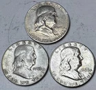 1949 S, 1952 S & 1958 P * 3 SILVER Ben Franklin HALF DOLLARS Shown *USA $5. SHIP
