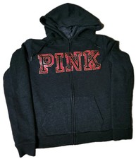 Victorias Secret Pink Hoodie Sweatshirt Womens Large Dark Gray Spellout Full Zip
