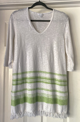 NICE J JILL WOMANS WHITE LIME GREEN STRIPED FRINGED HEM 3/4 SLEEVE SWEATER MED