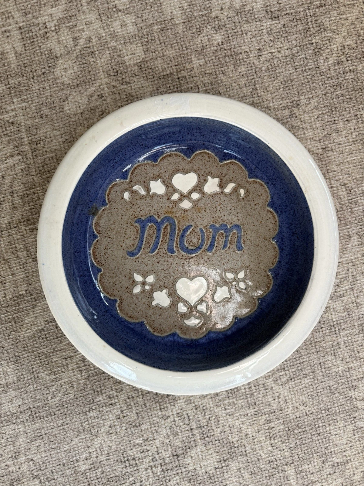 Vintage 1970s Blue Stoneware Pottery Mom Hearts Round Pie Plate Dish 10"