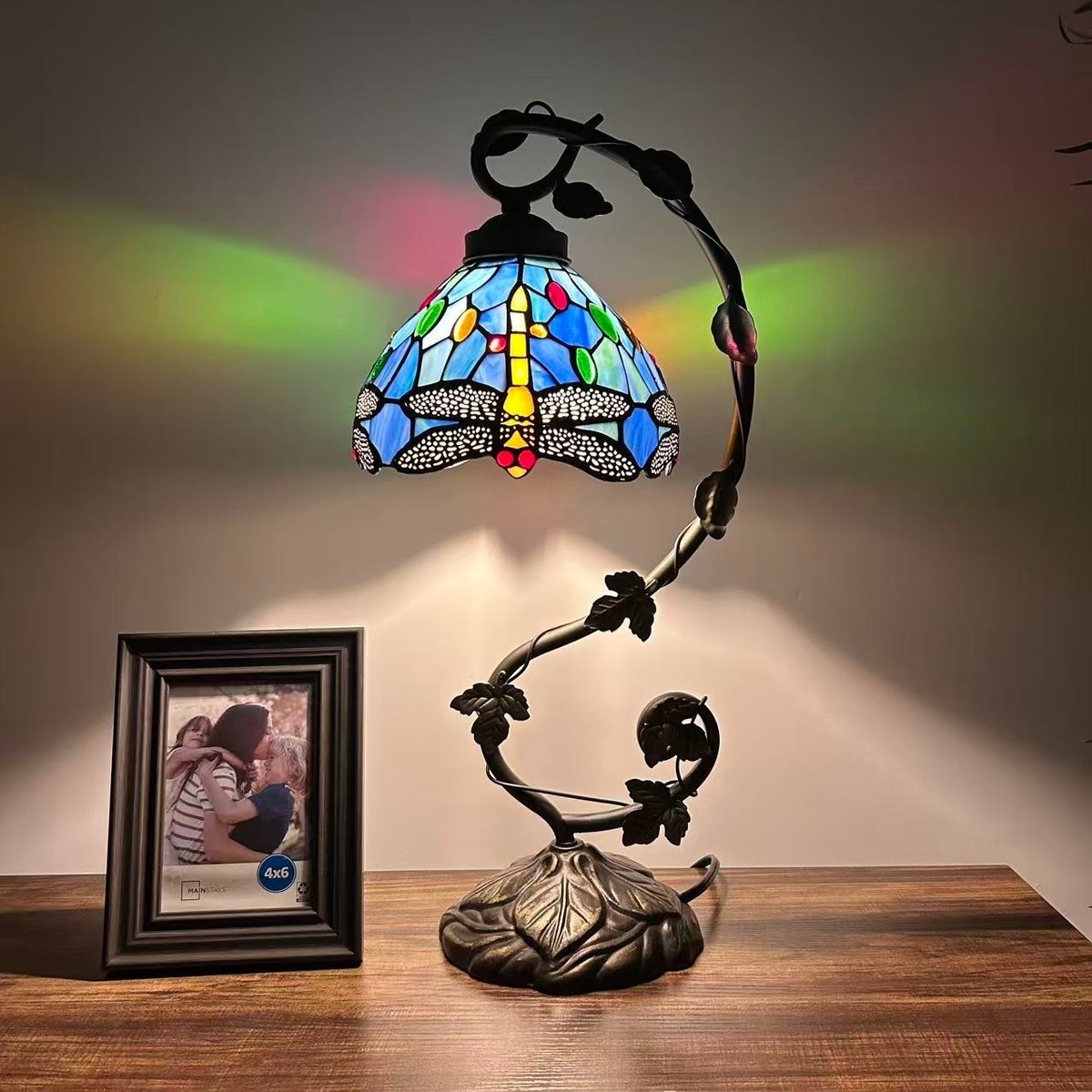 Tiffany Style Table Lamp Blue Stained Glass Dragonfly LED Bulb 11