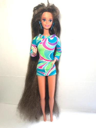 Vintage Mattel 1991 Totally Hair Barbie Brunette Original Blue Dress #1117