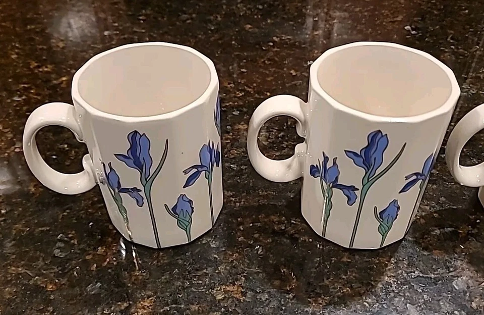 JUEGO DE 5 tazas de café Otagiri BLUE IRIS RHAPSODY flores en blanco 12 caras 10 oz Foto 2 de 4