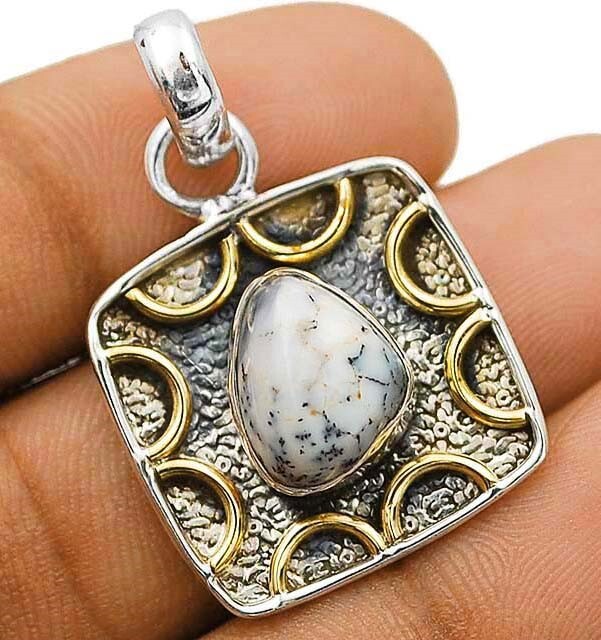 Two Tone Natural Winter Dendrite Opal 925 Sterling Silver Pendant Jewelry