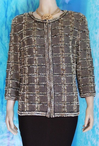 ST. JOHN Collection Knits Brown Jacket Skirt L 14 12 2pc Suit Gold Eyelash - Picture 3 of 9
