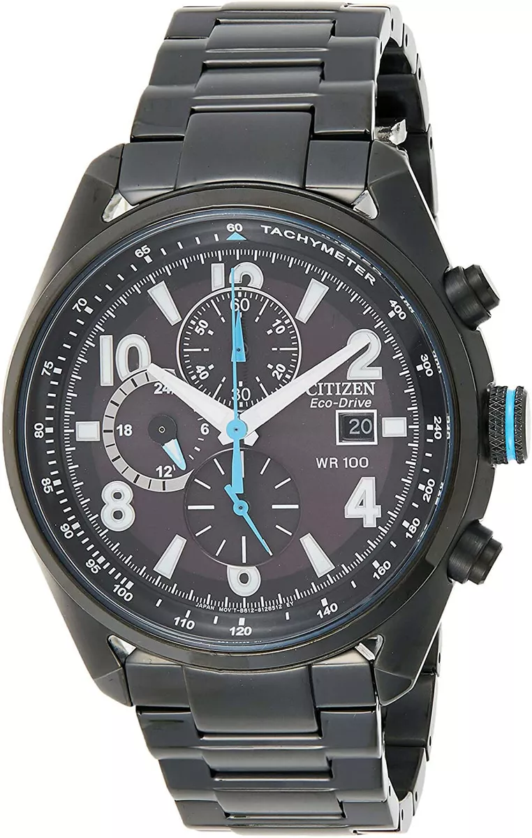 Citizen men's blue dial top black ip chronograph bracelet watch