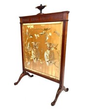Antique Hand Embroidered Silk & Mahogany Fire Screen / Glazed Guard / Owl Design
