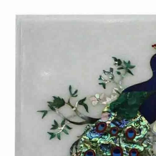 12"x18" White Marble Table Top coffee Center Inlay Malachite wall decor peacock - Image 3 of 4