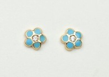 14k Yellow Gold Baby Enamel and CZ Flower earrings, Screw Back
