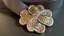 Enmon Engraved Etched Rhinestone Pink Flower Brown Leather Belt GORGEOUS!! S