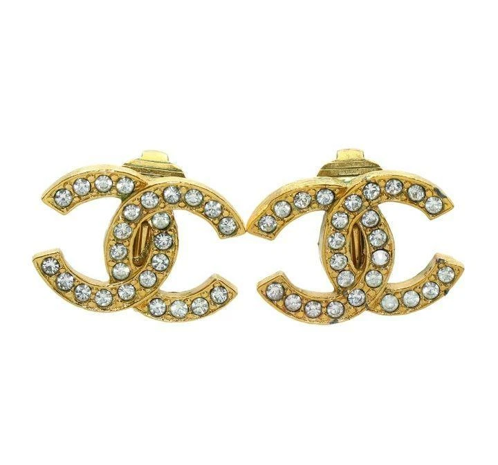 Chanel Coco Mark Rhinestone Earrings CC Logo Gold W2.1 x H1.5 cm Women's