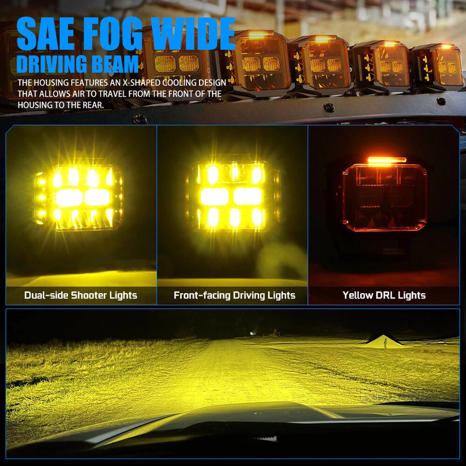 Barra de luz de trabalho 2x 5"" LED lateral atirador neblina cápsulas de direção amarelo DRL Jeep Ford SUV - Imagem 3 de 4