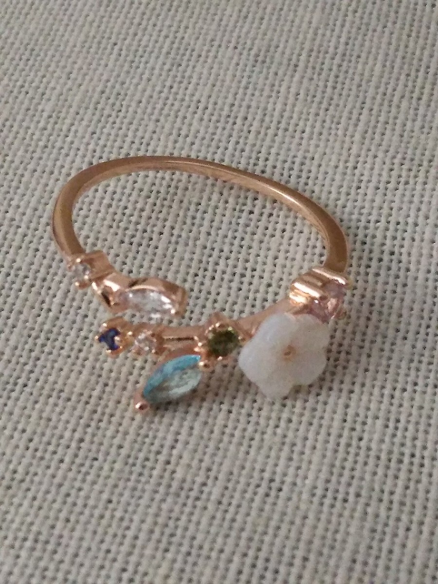 Fashion Rose Gold Tone Floral Ring Blue Crystals Sz7 Adjustable