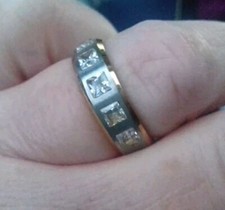 Wedding Band Gold Plated Titanium Ring & 5 Zirconia Gem ladies SIZES 8 Brand New