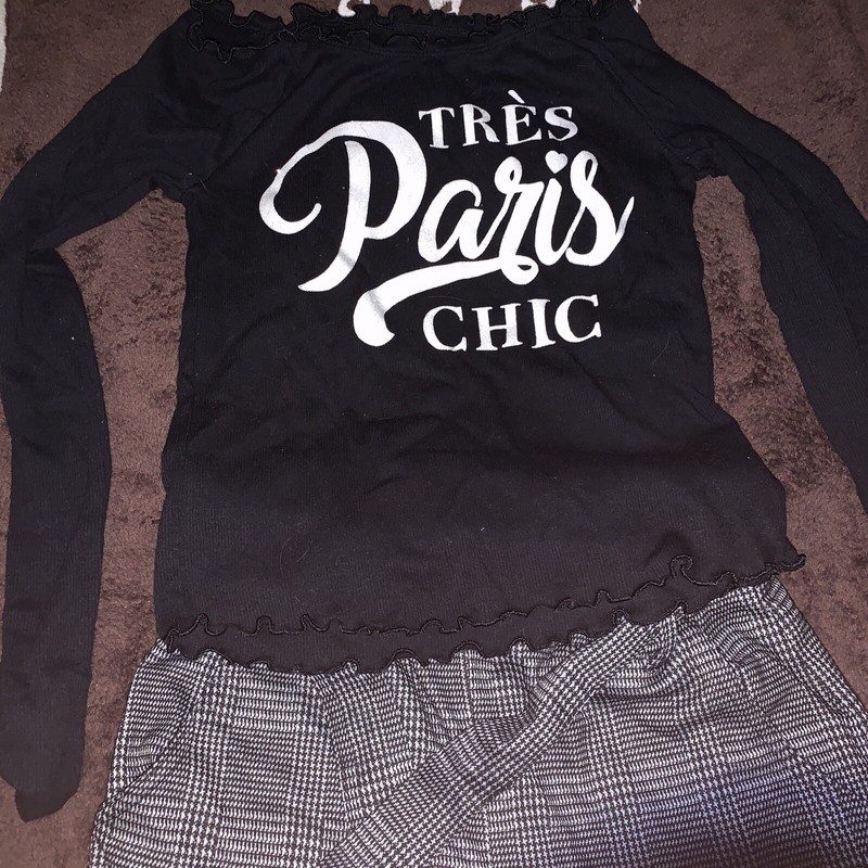 Justice off shoulder Paris Longsleeve  w/ruffle black sz12 And Pants Girls