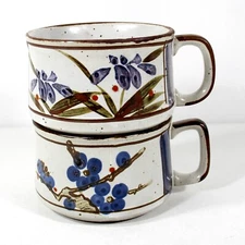 Two Vintage Stoneware Soup Mugs w/Handle Otigiri Style Blue Brown White Florals
