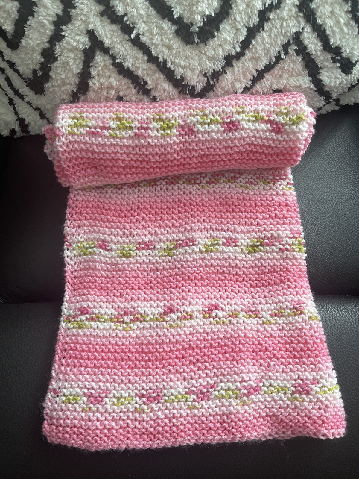 NEW HAND KNITTED BABY BLANKET Pink With Stripe Measuring 26 By 30