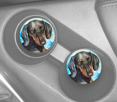 DASHCHUND PUPPY DOG INSPIRED ART SANDSTONE CAR COASTER 2pc SET ABSORBS