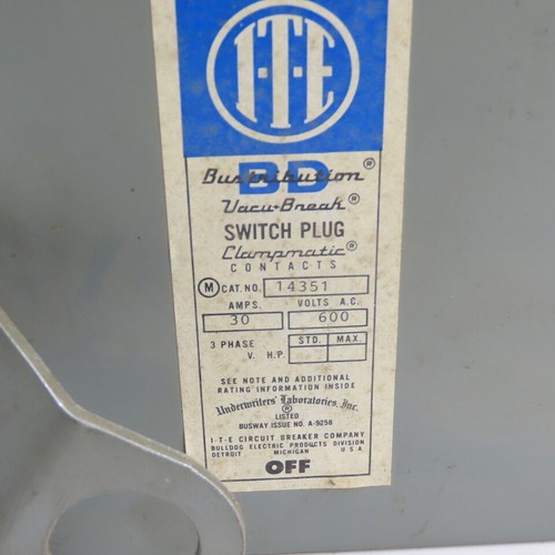 ITE 14351 3Ph 30A 600V Bustribution Vacu Break Fusible Switch Bus Plug - Picture 2 of 10
