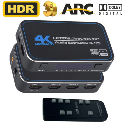 4 Way HDMI 2.0b Switch Switcher 4X1 4K 60Hz HDR ARC with Toslink Audio Extractor