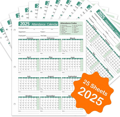 2025 Attendance Calendar (Pack of 25 Sheets) Employee Work Tracker Attendance Ca
