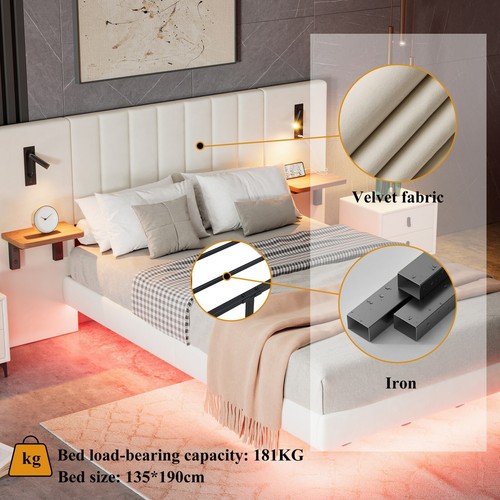 Panel Plush Velvet Upholstered Bed Frame Double With Headboard Built-In Lights - Picture 3 of 17