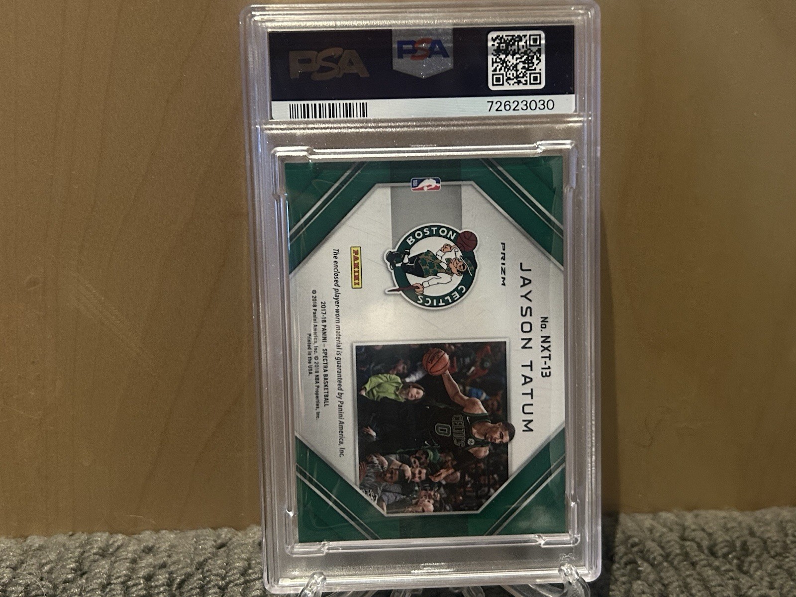 2017 Panini Spectra Jayson Tatum RC Next Era Rlc-neon Orange PSA 9 4/5 Game-wore view 2