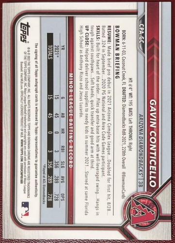 2022 Topps 1st Bowman Chrome Gavin Conticello Diamondbacks Auto /150 #CPA-GC - Imagen 14 de 24