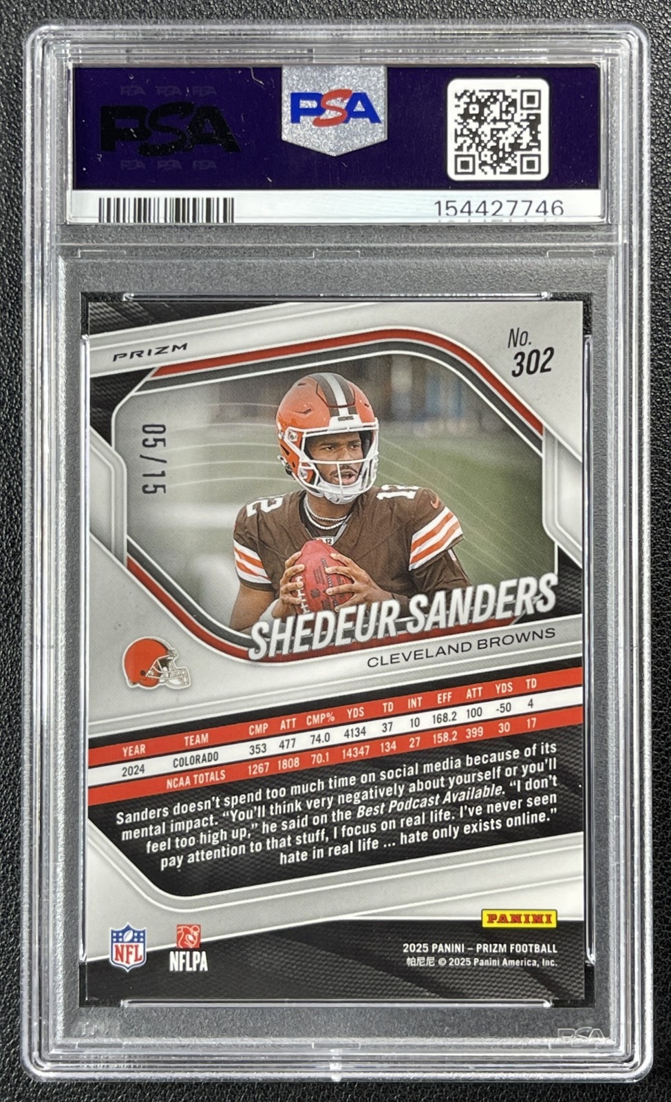 SHEDEUR SANDERS PSA 9 2025 PANINI PRIZM #302 ROOKIE FOREST CAMO RC 5/15 BROWNS view 2