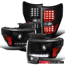 Fit 2009-2014 Ford F150 Black Projector LED Strip Headlights+LED Tail Lamps