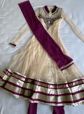 Gorgeous India Anarkali Suit Dress Cream Purple Velvet Net Stone work XS - L