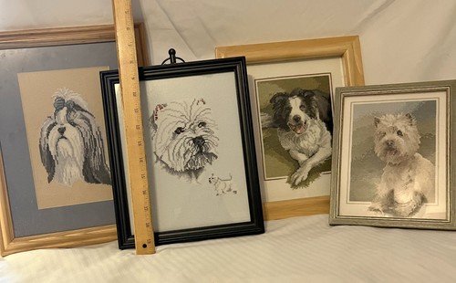 4 Cross Stitched dogs West Highland, Boarder collie, Biewers Framed
