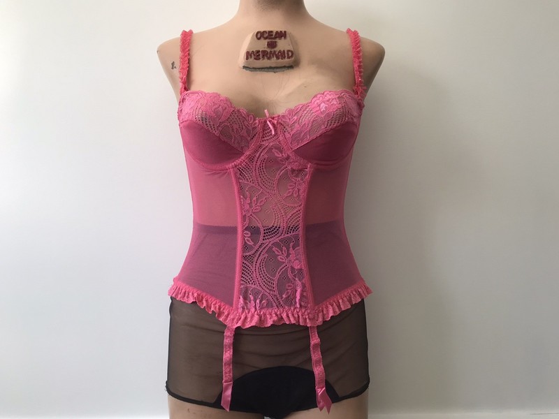 Vintage Victoria's Secret Corset Bustier W / Garters 34C Pink Lace Gold Label
