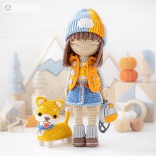 Handmade Crochet Girl Doll With Corgi, Cute Amigurumi Plush Set