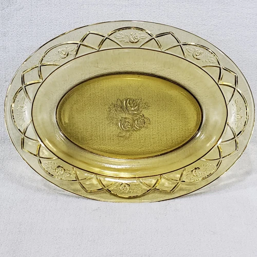 VTG 1930's Federal Depression Glass Rosemary Amber Dutch Rose Oval Serving Dish