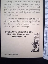 Vintage 1920 Exide Battery Service Station Steel City Electric promo card