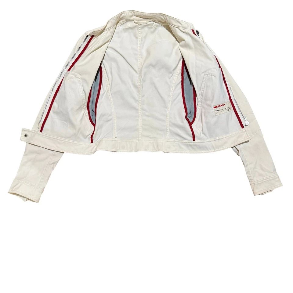 Prada Y2K early 2000’s RARE denim biker jacket, Sz4/S, White, Sky Blue, Red  - Image 3 of 4