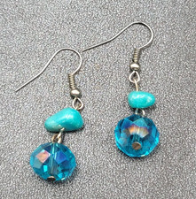 Pierced Earrings Silver tone Turquoise Stone Blue Crystal Bead Dangle 7/8"