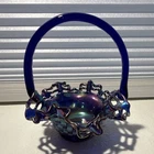 Fenton Blue Iridescent Carnival Glass Basketweave Basket w/ Ruffled Edge Handle
