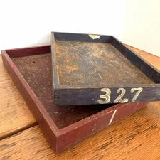2 Antique Dovetailed Trays Painted Finish Numbered 1 & 327 Farm Primitive 6x9”