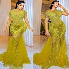 Rose Gold Long Sleeved Ball Gown Phantom Pearl Lace Pleated Party Evening Dress