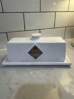 LaSpezia White Butter Dish with Lid Ribbed Ceramic Silver Label