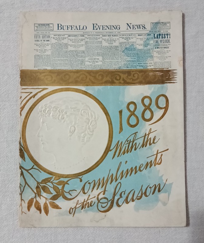 1889 BUFFALO EVENING NEWS COMPLIMENTS OF THE SEASON CALENDAR GIVEN BY CARRIERS