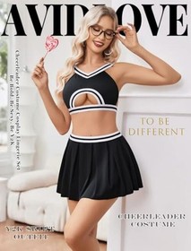  Sexy Mini Skirt Cheerleader Lingerie Set for Women Hollow Crop XX-Large Black