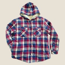 Boston Traders Womens Large Flannel Sherpa Lined Shacket Hooded Blue Plaid